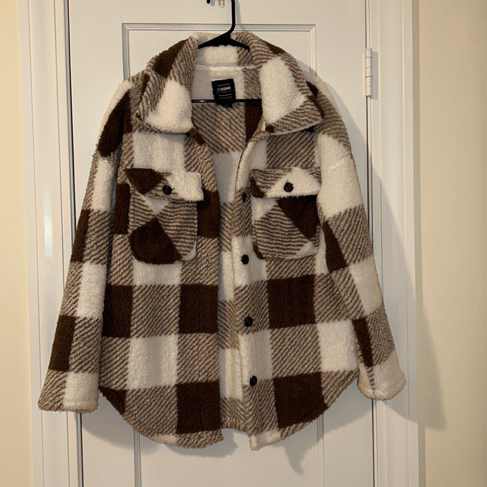 Oversized Fuzzy Flannel plaid Sherpa jacket shacket
